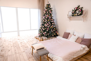 Interior of bedroom decorated for Christmas celebration