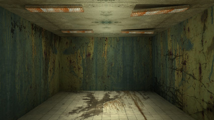 The interior design of horror and creepy damage empty room., 3D rendering.