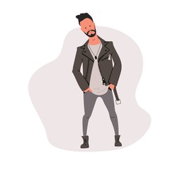 Young hipster guy with a beard and a fashionable hairstyle in a leather jacket on a background of abstract background. Flat vector character.