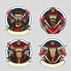 Set of sketch fireman stickers