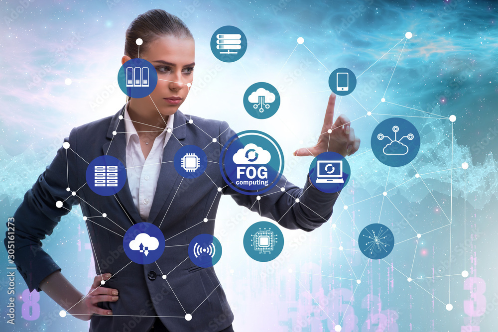 Poster businessman in edge and fog computing concept