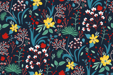 Forest flowers, leaves and berries seamless pattern. Floral colorful print in hand-drawn style. Creative fresh design. Botanical background for fashion fabrics, surface, wallpaper or wrapping. Vector 