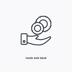 Hand and gear outline icon. Simple linear element illustration. Isolated line Hand and gear icon on white background. Thin stroke sign can be used for web, mobile and UI.