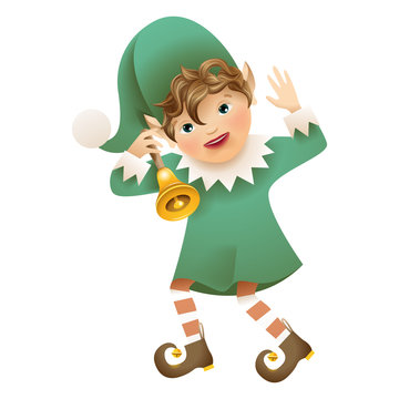 Funny Elf character with a  Christmas bell. Isolated on a white background.