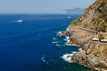 Natural landscape around coastal Riomaggiore village in Cinque Terre land, Italy