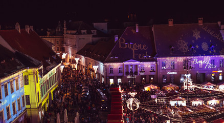 Sibiu, Romania - November 16, 2019. Traditional Christmas market in the historic center of Sibiu, Transylvania, Romania.