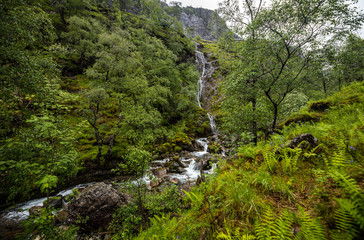 Picturesque landscape of a mountain waterfall and traditional nature of Scotland.