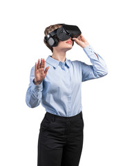 Businesswoman gesturing in VR glasses, isolated