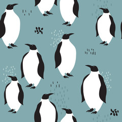Colorful background with penguins. Decorative cute backdrop vector. Sea birds, seamless pattern