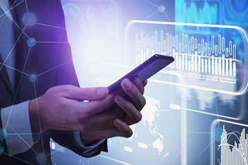 Man hands with phone, infographics interface