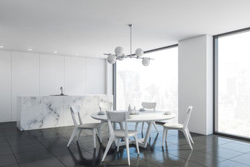 White marble kitchen and dining room corner