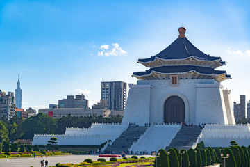 The National Taiwan Democracy Memorial Hall Park. Text in Chinese on the architecture is " National Chiang Kai-shek Memorial Hall ". Taipei, Taiwan
