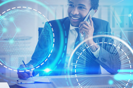 Smiling businessman in office, digital interface
