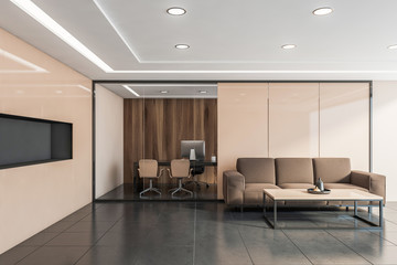Beige office waiting room with brown sofa