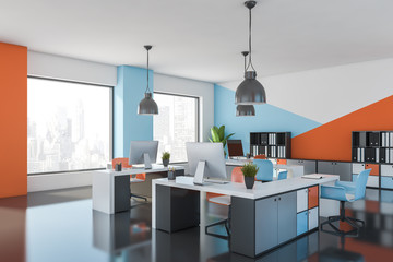 Blue and orange open space office corner