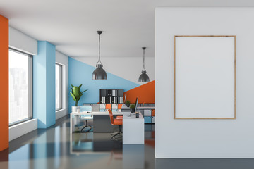 Blue and orange open space office interior, poster