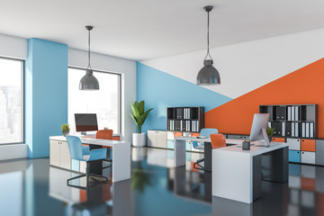 Blue and orange modern office workplace