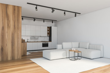 White and wooden kitchen and living room corner