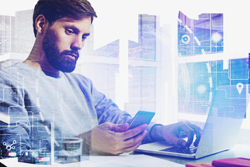 Casual businessman with phone, digital interface