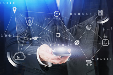 Man looking at phone, big data interface