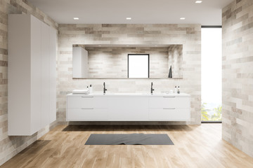 Loft light tile bathroom with sink and wardrobe