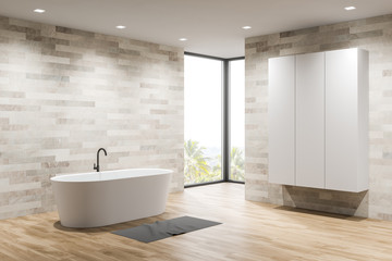 Obraz na płótnie Canvas Loft light tile bathroom with tub and wardrobe