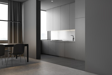 Gray kitchen and dining room corner with curtains