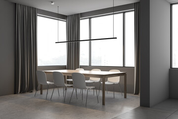Gray dining room corner with curtains