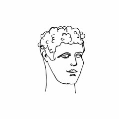Hermes vector marble head. Work of art of ancient Greece era. Illustration god trade on white isolated background hand drawn style line. Design for web, cards, printing.