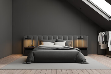 Gray attic bedroom interior with clothes