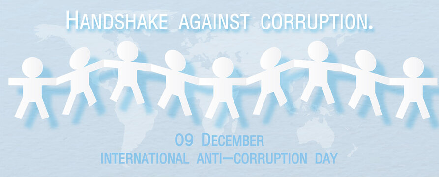 White human handshake together in paper cut style with wording of International anti-corruption day on 9 December., All on world map and isolate on light blue background in vector design.