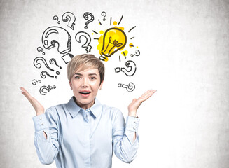 Astonished woman, question marks and bulb