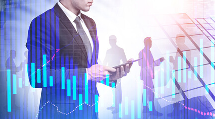 Manager with tablet, team and digital chart