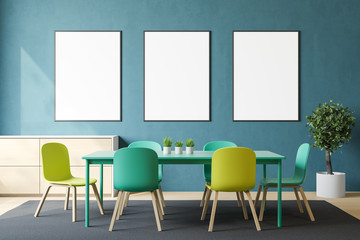 Fototapeta premium Blue dining room with poster gallery