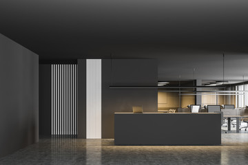 Reception desk in gray office interior