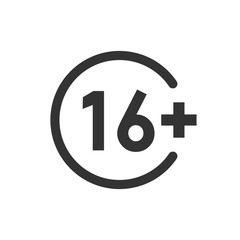 Sixteen plus icon in flat style. 16+ vector illustration on white isolated background. Censored business concept.