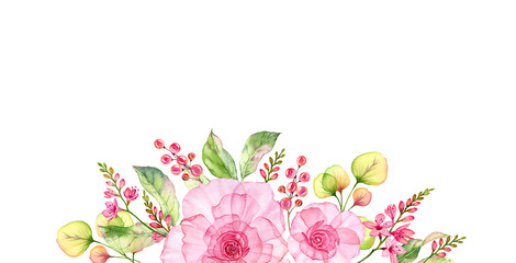 Watercolor Transparent Rose border. Floral arrangement of big pink flower, berries and leaves isolated on white. Hand painted botanical illustration for wedding design, advertising, greeting cards