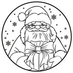Portrait of Russian Santa Claus. Vector illustration on a round with snowflakes. Icon traditional New Year character. Outlined for coloring book