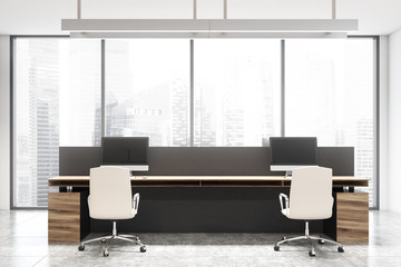Panoramic white office with wooden table