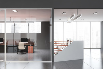 Gray open space office with reception