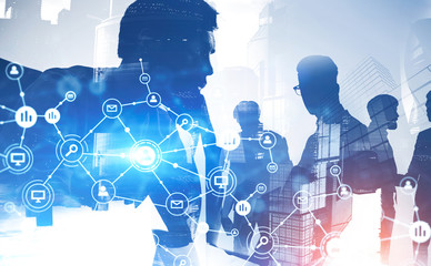 Manager and his team in modern city. Interface