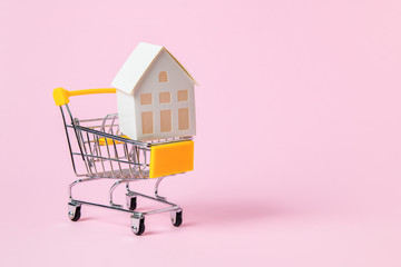 Model paper house in shopping cart isoalted on pink