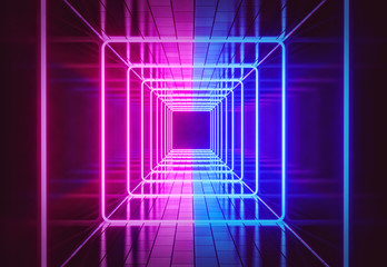 Sci Fi Futuristic Glowing pink and blue neon lights tunnel abstract background. vibrant colors. technology concept. 3d rendering