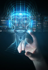 Businessman using digital artificial intelligence head interface 3D rendering