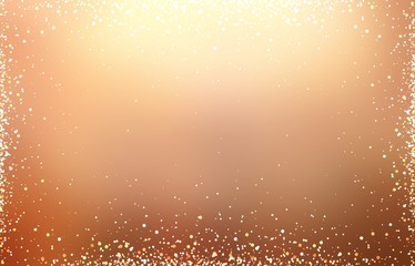 Shimmer sparkles frame on caramel color blur background. Shiny golden empty template. 