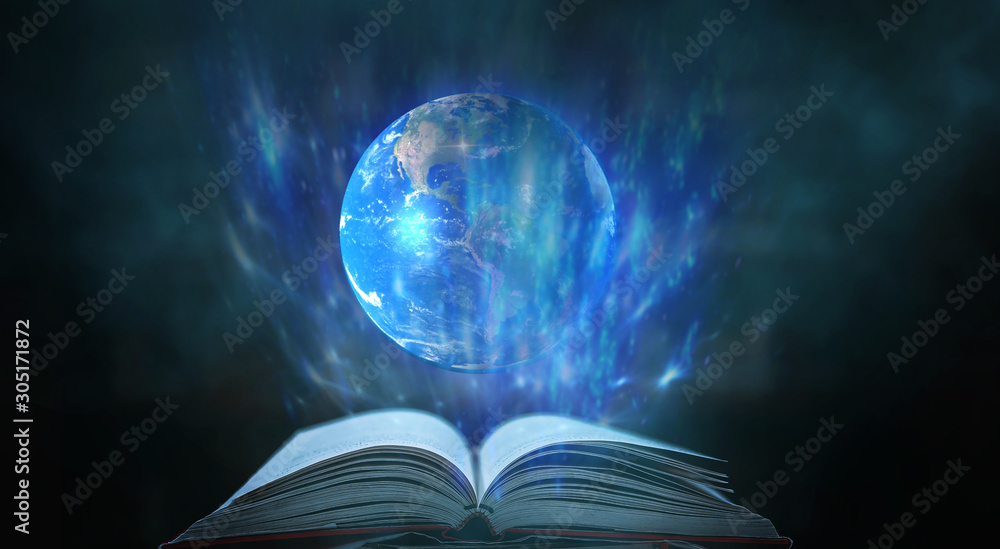 Poster imagine a picture book of an ancient book opened on a wooden table with a sparkling golden backgroun