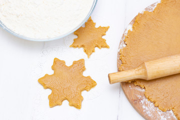 tradition of celebrating Christmas and New Year. home bakery prepares traditional holiday sweets. A woman rolls a gingerbread dough with a rolling pin. on the background of spices