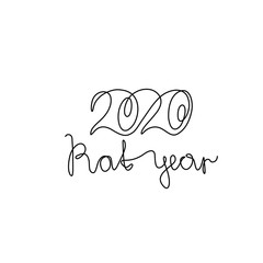 Rat year lettering, Happy new year 2020, greeting card or invitation, continuous line drawing, neon, banner, poster, flyers, marketing, emblem or logo design, isolated vector illustration.