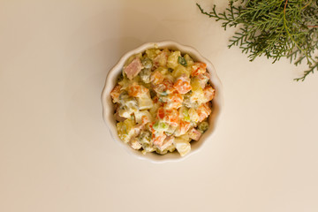 Olivier in a white plate on a pale pink background. the winter salad.ingredients: cucumber, sausage, meat, mayonnaise, sour cream, potatoes, peas, egg. space for your text. a dish of salad and a sprig