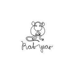 Rat year lettering, Happy new year 2020, greeting card or invitation, continuous line drawing, neon, banner, poster, flyers, marketing, emblem or logo design, isolated vector illustration.